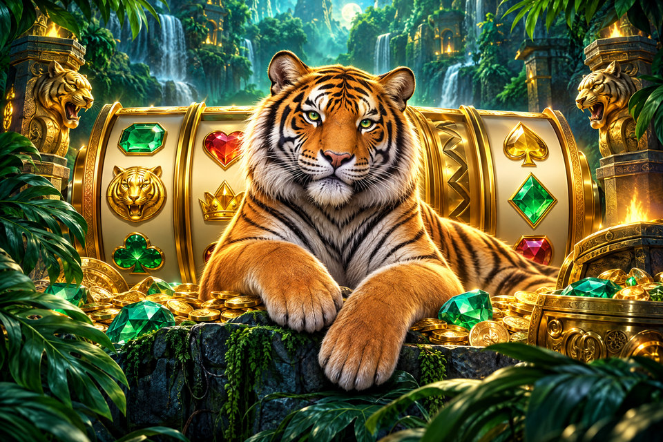 Arte ilustrativa de tigre em uma selva verde com elementos abstratos de slots