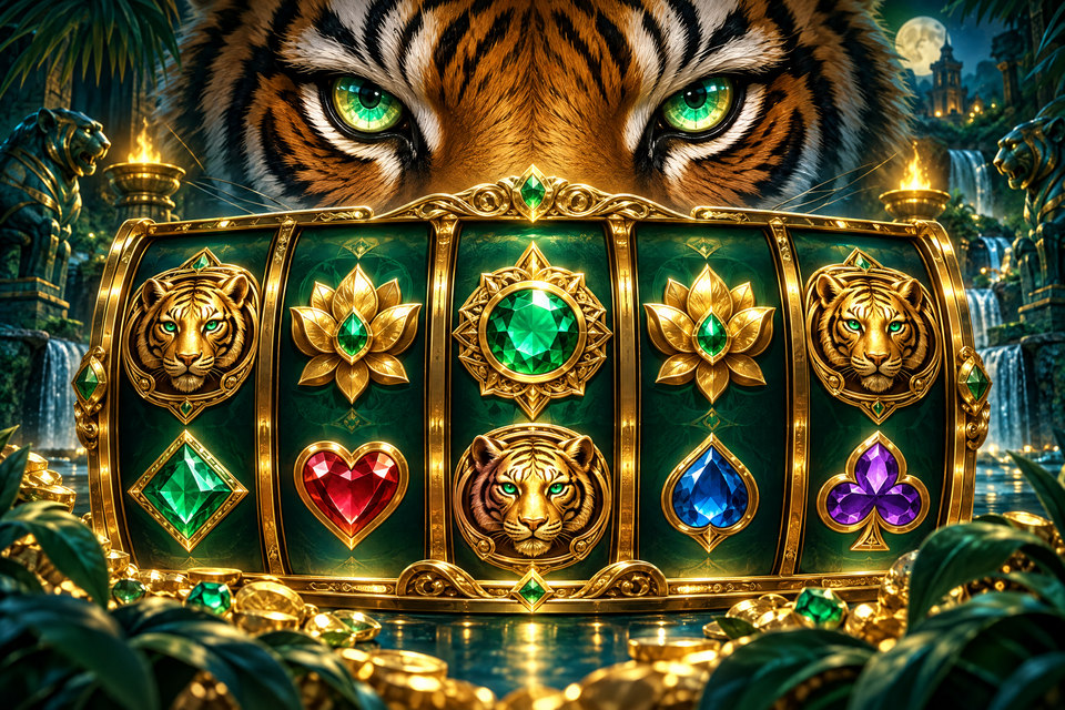 Arte ilustrativa de tigre e rolos de slot abstratos
