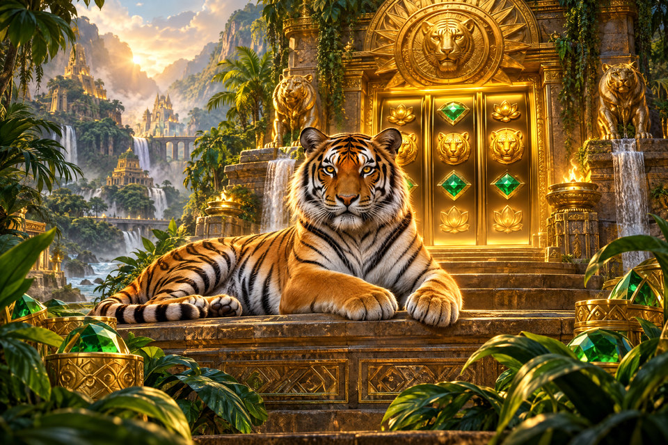 Arte ilustrativa de tigre diante de um templo dourado